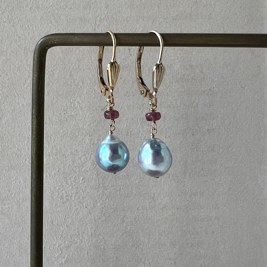 Blue-Silver Akoya, Pink Tourmaline 14kGF Earrings
