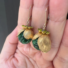 Load image into Gallery viewer, Type A Dark Green Carved Jadeite, Vintage Caps &amp; Swarovski 14kGF Earrings
