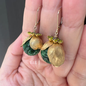 Type A Dark Green Carved Jadeite, Vintage Caps & Swarovski 14kGF Earrings