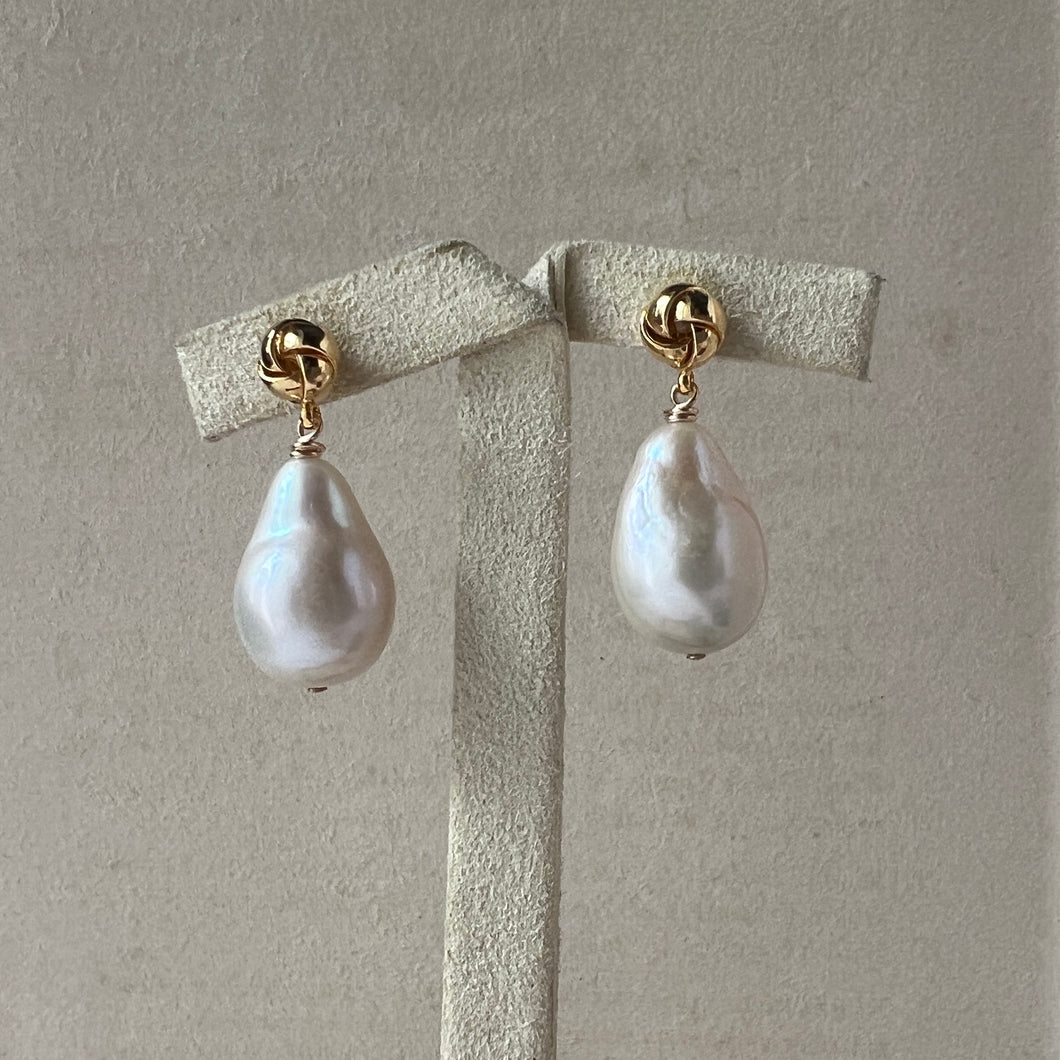 Large Ivory Drop Pearls Knot Earring Studs