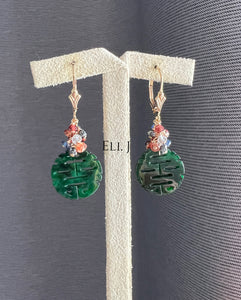 Exclusive: 喜喜Double Happiness Dark Green Jade, Black Diamonds, Orange Sapphire, Gems 14KGF Earrings