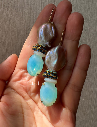 Vintage Opal Gems, Large Flat Pearls, Vintage Swarovski 14kGF Earrings