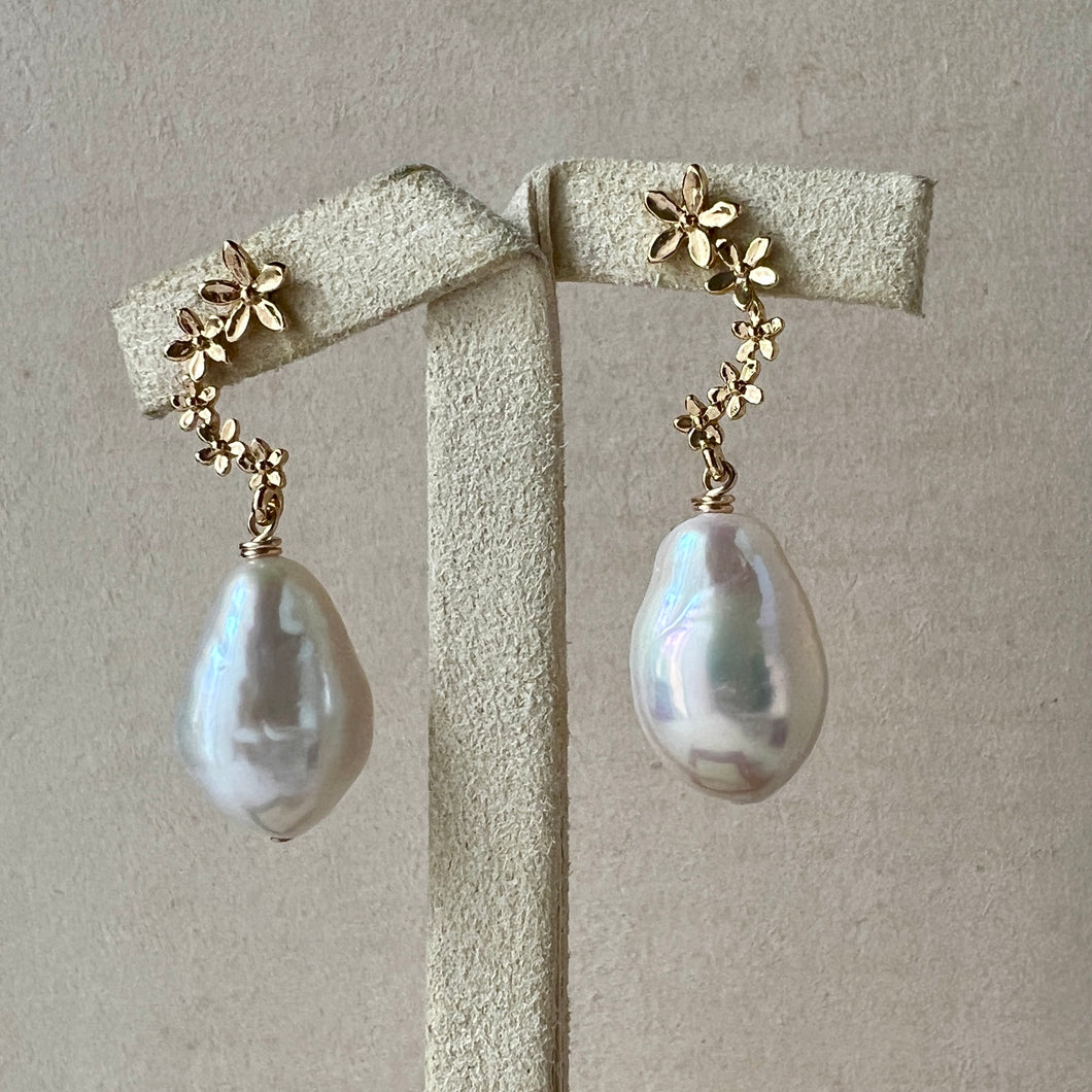 Large Ivory Drop Pearls, Floral Cascade Earring Studs