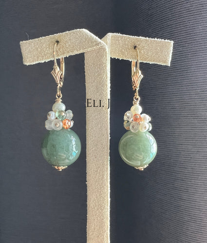 Olive Green Large Jadeite Balls, Pearls, Gems 14kGF Earrings