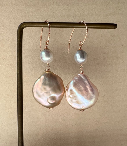 Silver Akoya, Peach-Rainbow FW Pearls 14KRGF Earrings