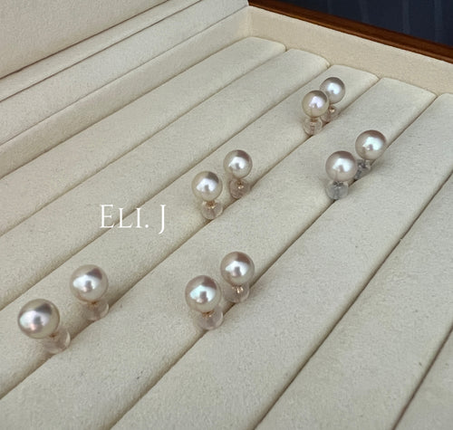 [18K SOLID GOLD] RARE 7.5-8mm Japanese Ivory Green Akoya Pearl Earring Studs