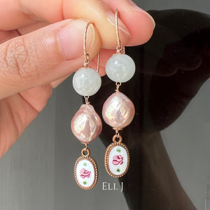 Pink-Rainbow Pearls, Vintage Porcelain Rose Charms, Jade Balls 14kRGF Earrings
