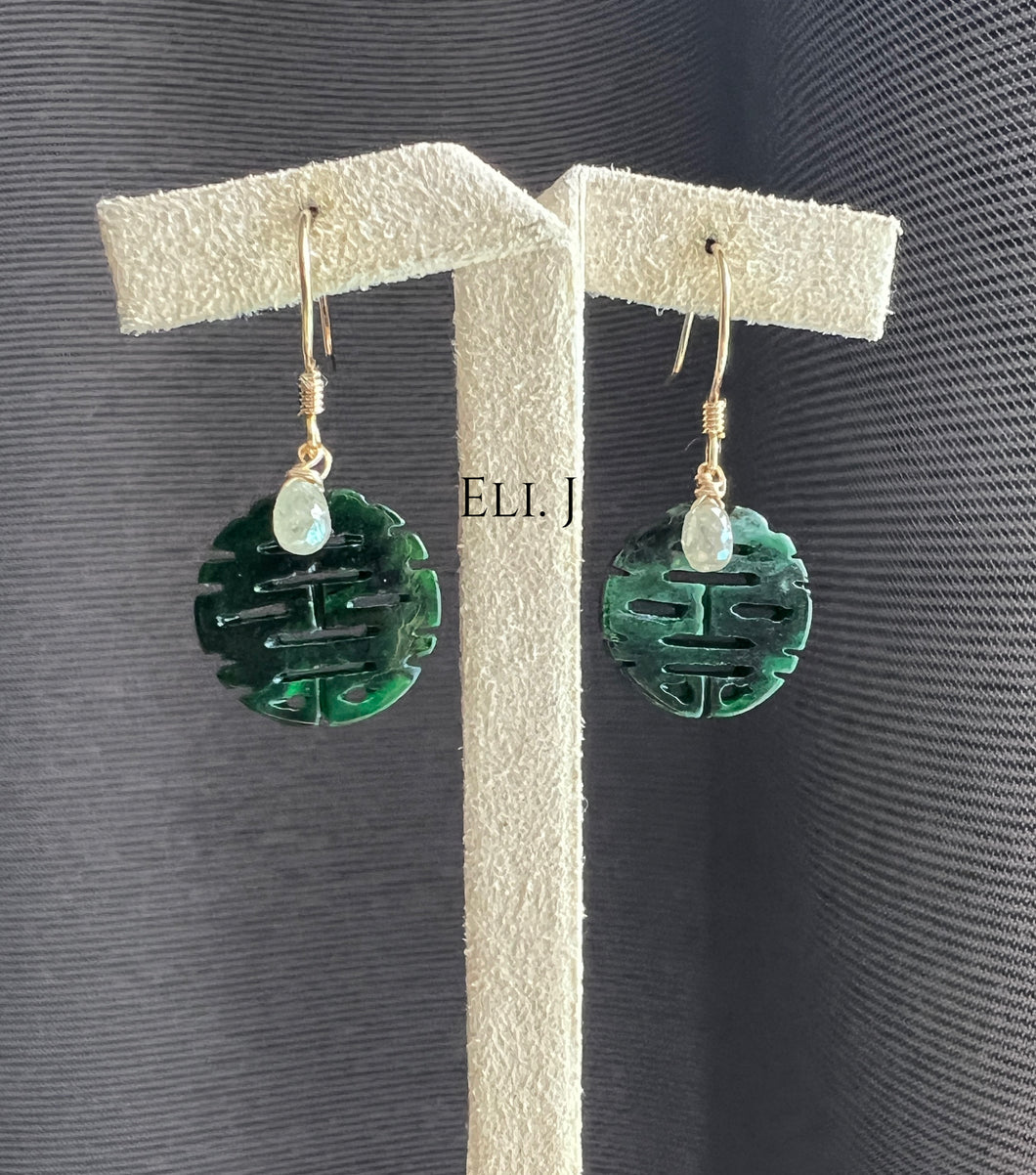 18K SOLID GOLD: 喜喜 Double Happiness Dark Green Jade, Diamond Drops Earrings