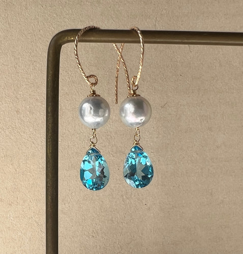 Silver Akoya Pearls, Swiss Blue Topaz 14kGF Earrings