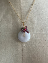 Load image into Gallery viewer, Large Lavender Jadeite Donut, Watermelon Tourmaline Leaf &amp; Gems 14kGF Necklace