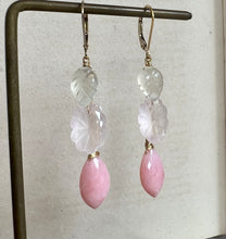 Load image into Gallery viewer, Carved Rose Quartz &amp; Moonstone, Pink Opal 14kGF Earrings