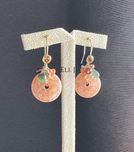 Orange Agate “Jade” Donuts, Tourmaline 14kGF Earrings