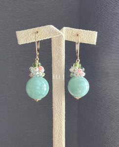 Apple-Green Jadeite Large Balls, Peridot, Pink Opal 14KGF Earrings