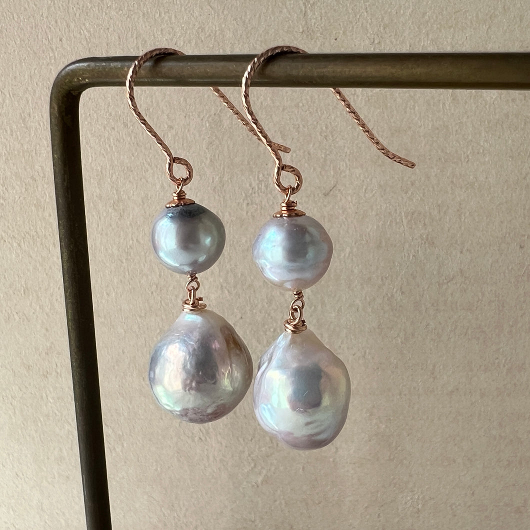 Silver Akoya & Ivory Rainbow Edison FW Pearls 14kRGF Earrings