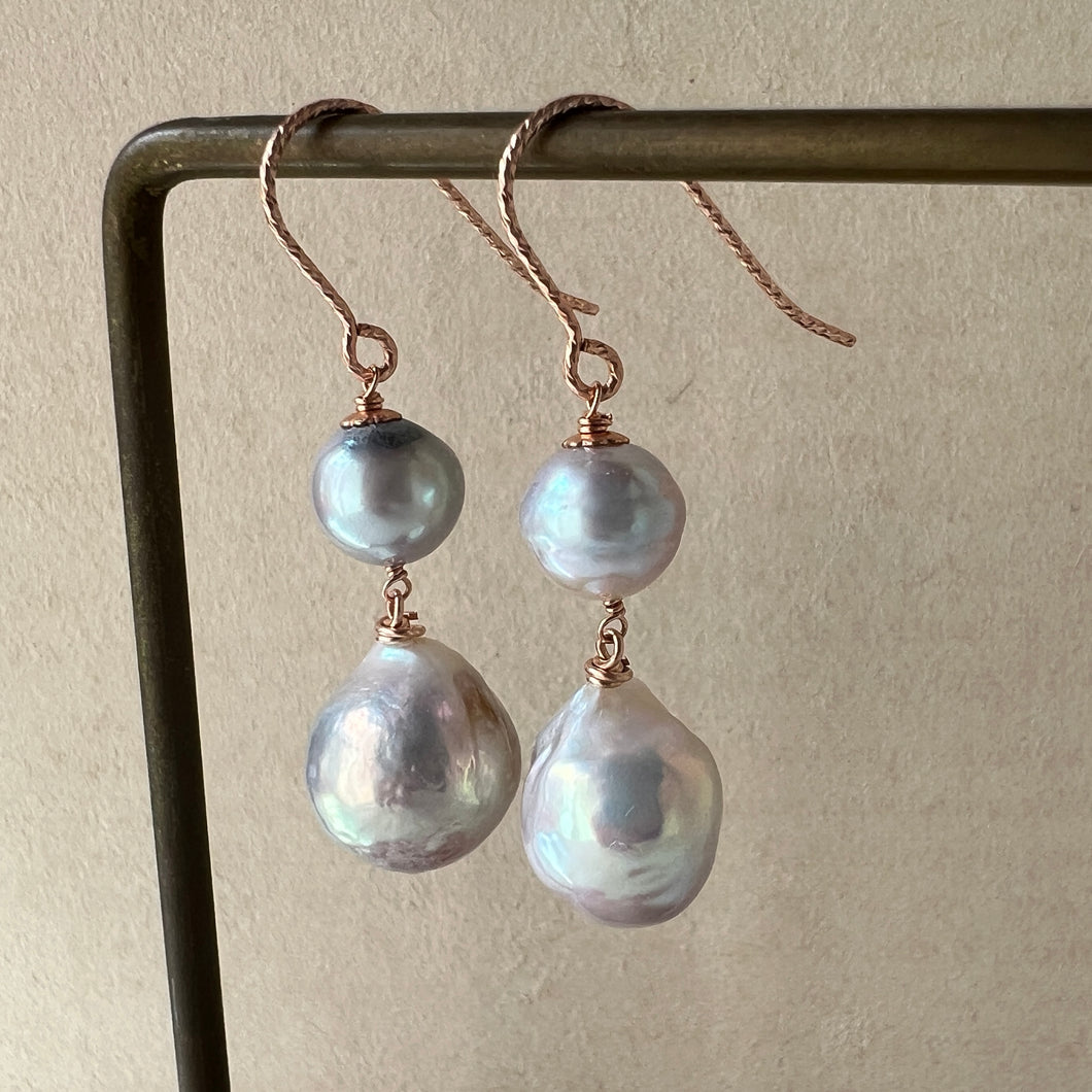 Silver Akoya & Ivory Rainbow Edison FW Pearls 14kRGF Earrings