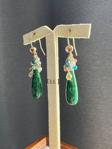 Old Mine Dark Green Jade Drops, Sapphires & Gems 14KGF Earrings