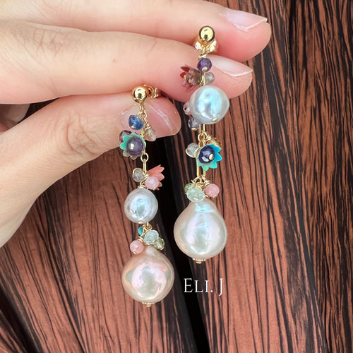 Rainbow Garden Gems & Akoya, FW Pearls 14kGF Earrings