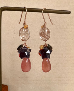Copper Rutile, Iolite, Rhodocrosite Gemstone 14kGF Earrings
