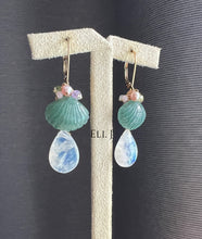 Load image into Gallery viewer, Carved Jadeite Seashells, Rainbow Moonstone, Gemstone 14KGF Earrings