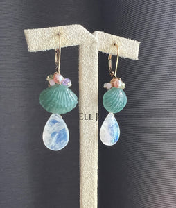 Carved Jadeite Seashells, Rainbow Moonstone, Gemstone 14KGF Earrings