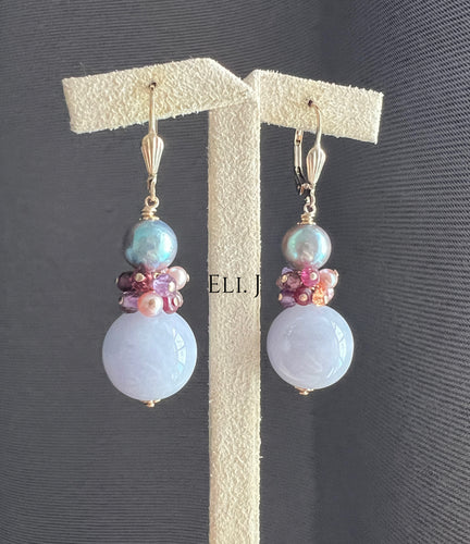 Intense Lavender Jadeite Large Balls, Silver-Blue Japanese Akoya Pearls, Gemstones 14KGF Earrings