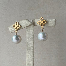 Load image into Gallery viewer, Round Ivory Pearls, Fleur de Lis Earring Studs