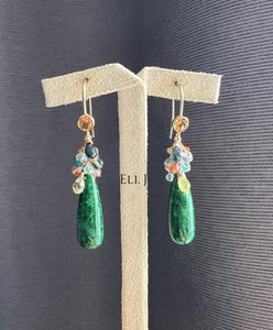 Old Mine Dark Green Jade Drops, Sapphires & Gems 14KGF Earrings