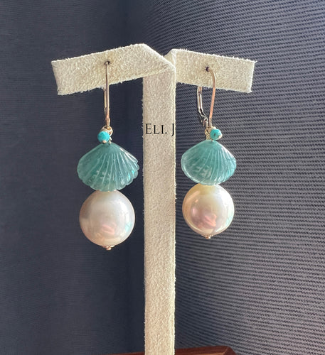 Carved Jadeite Seashells, Peach Edison Pearls 14KGF Earrings