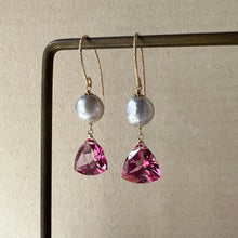 Load image into Gallery viewer, Silver Akoya Pearls, Pink Topaz 14kGF Earrings