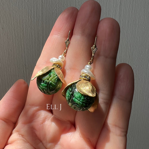 Type A Jadeite Carved Balls, Vintage Flowers, Keshi 14kGF Earrings
