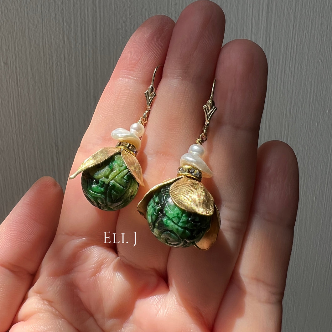 Type A Jadeite Carved Balls, Vintage Flowers, Keshi 14kGF Earrings