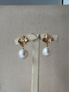 Ivory Near Round Pearls, Floral Gold Earring Studs