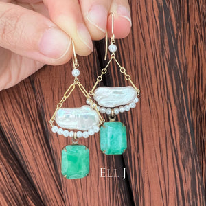 Vintage “Jade” Gems, Pearls 14kGF Earrings