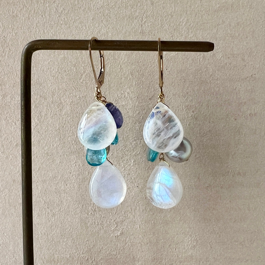 Rainbow Moonstone, Akoya Pearls, Apatite 14KGF Earrings