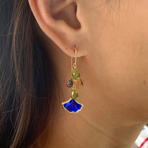 Cloisonne Gingko Leaves & Gemstones Gold Filled Earrings