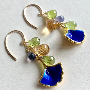 Cloisonne Gingko Leaves & Gemstones Gold Filled Earrings