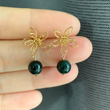 Load image into Gallery viewer, Wire Flowers &amp; Dark Green Jade Studs