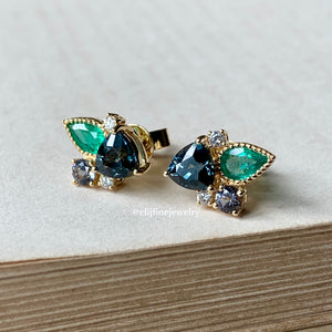 Spinel, Emerald Gem Cluster Detachable Earrings 18k Yellow Gold