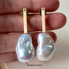 Load image into Gallery viewer, Baroque Pearls on 18k Gold Bar Earrings with Diamonds