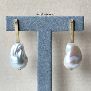 Baroque Pearls on 18k Gold Bar Earrings with Diamonds