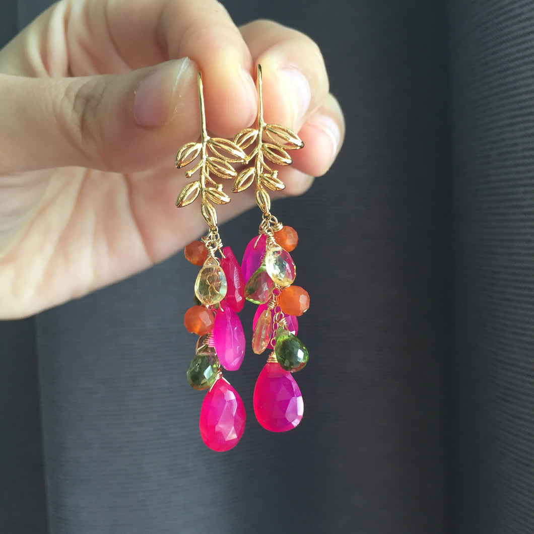 Hot Pink Chalcedony & Gemstones Earrings