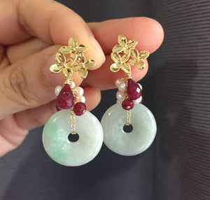 Type A Jade with Rubies & Pearls Earrings