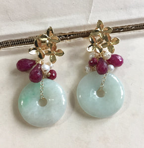 Type A Jade with Rubies & Pearls Earrings