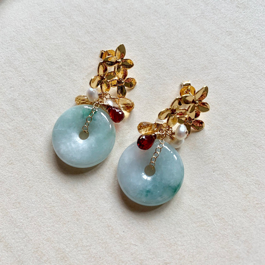 Type A Jade, Citrine, Garnet, Pearl Earrings