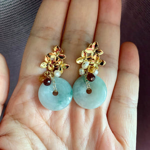 Type A Jade, Citrine, Garnet, Pearl Earrings