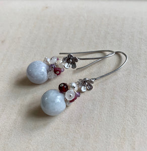 Lavender Jade, Rubies, Pearls Silver Earrings