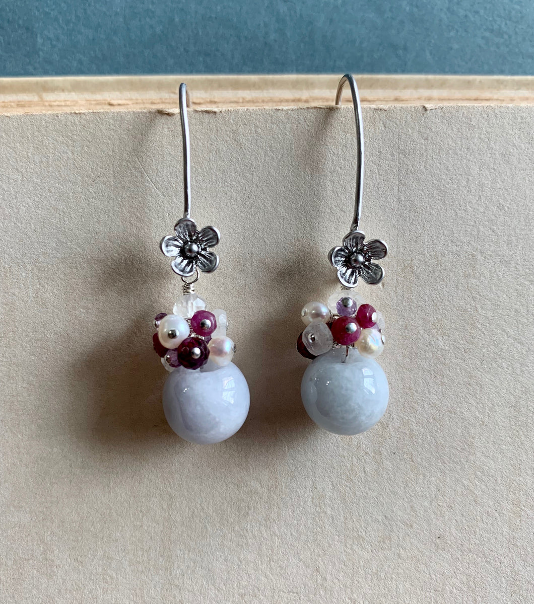 Lavender Jade, Rubies, Pearls Silver Earrings