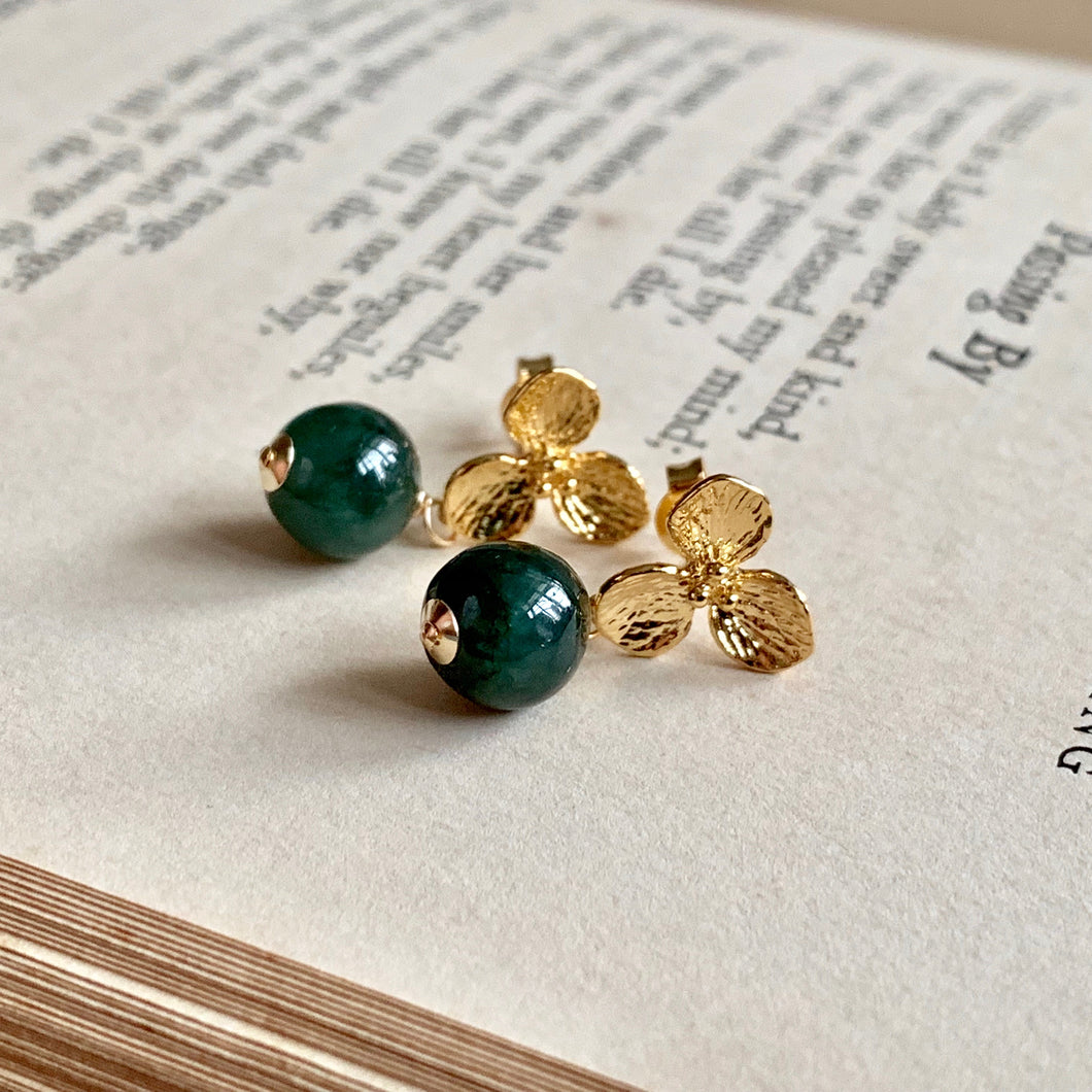 Dark Green Jade on Flowers Gold Studs