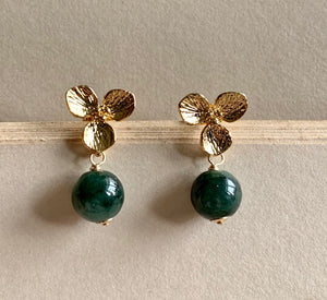 Dark Green Jade on Flowers Gold Studs