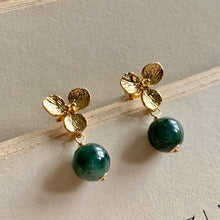 Load image into Gallery viewer, Dark Green Jade on Flowers Gold Studs